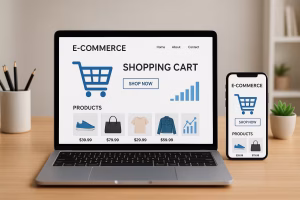 طراحی مدرن سایت فروشگاهی روی لپتاپ و موبایل