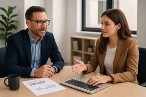 کارفرما در حال مصاحبه با ادمین شبکه‌های اجتماعی