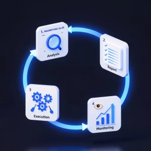 فرآیند چهار مرحله‌ای خدمات تخصصی افزایش سرعت سایت در [نام شرکت شما]: آنالیز، گزارش، اجرا، نظارت