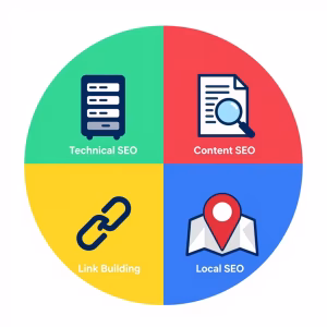  اینفوگرافیک چهار بخش اصلی خدمات سئو سایت - تکنیکال، محتوا، بک‌لینک، محلی - بهینه‌سازی